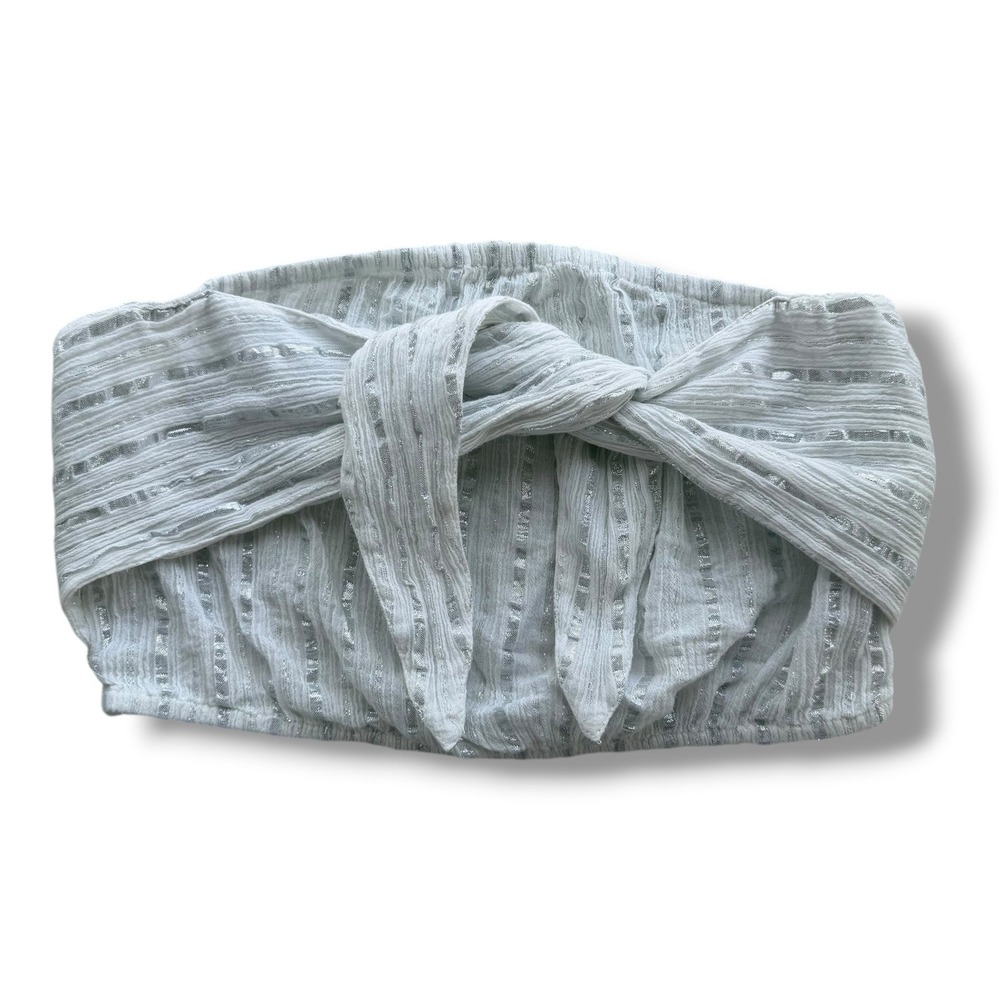 Aerie Women's S White Silver Metallic Striped Tie Front Smocked Bandeau Tube Top